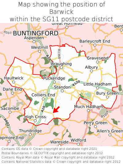 Map showing location of Barwick within SG11
