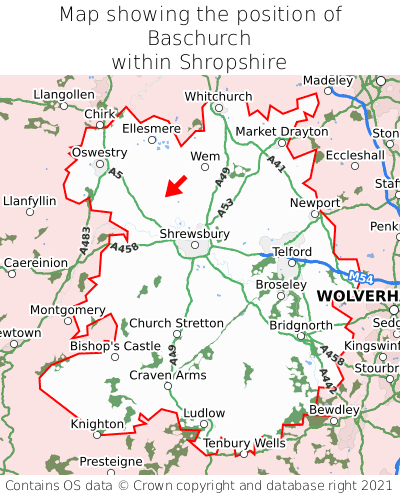 Map showing location of Baschurch within Shropshire