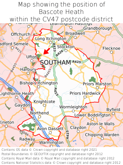 Map showing location of Bascote Heath within CV47