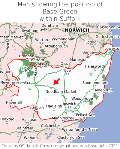 Map showing location of Base Green within Suffolk