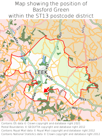 Map showing location of Basford Green within ST13