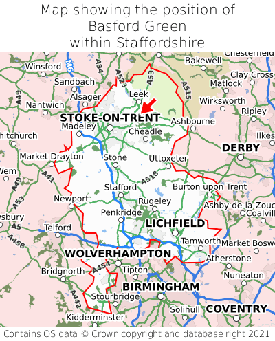 Map showing location of Basford Green within Staffordshire