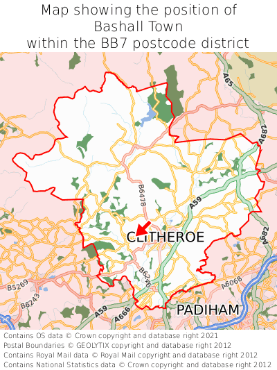 Map showing location of Bashall Town within BB7