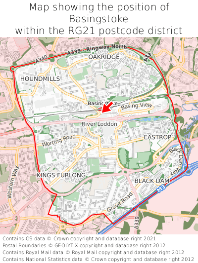 Map showing location of Basingstoke within RG21