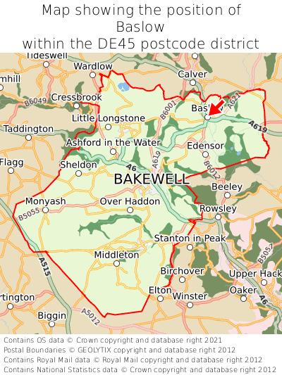 Map showing location of Baslow within DE45
