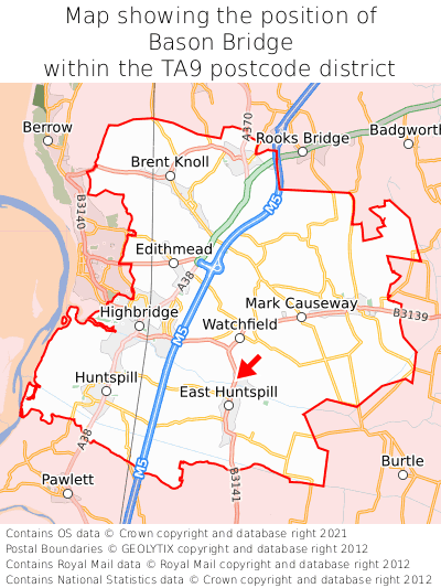 Map showing location of Bason Bridge within TA9
