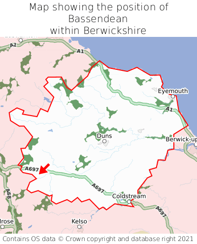 Map showing location of Bassendean within Berwickshire