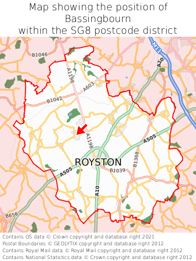 Map showing location of Bassingbourn within SG8