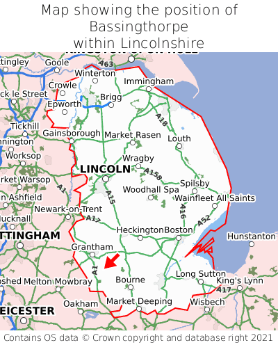Map showing location of Bassingthorpe within Lincolnshire