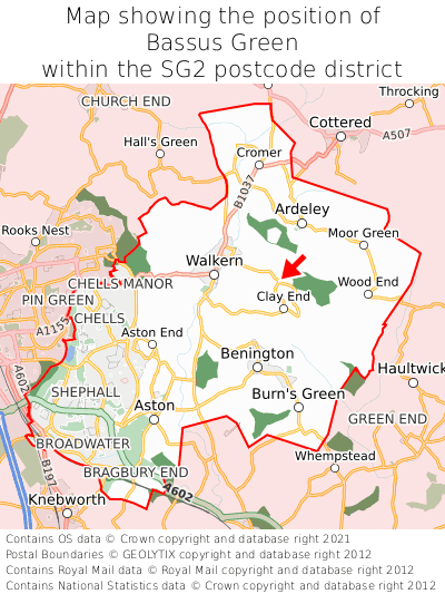 Map showing location of Bassus Green within SG2