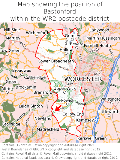 Map showing location of Bastonford within WR2
