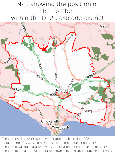 Map showing location of Batcombe within DT2