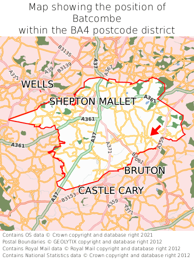 Map showing location of Batcombe within BA4