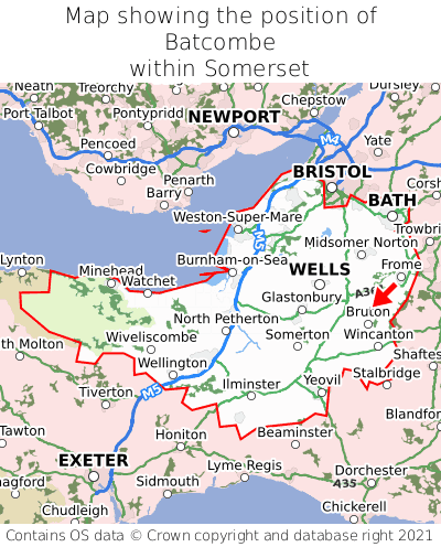 Map showing location of Batcombe within Somerset