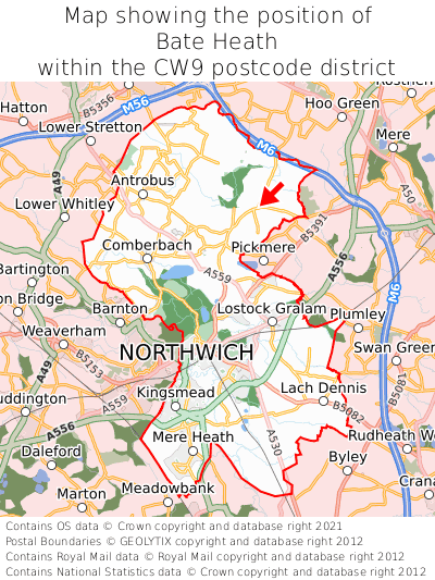 Map showing location of Bate Heath within CW9