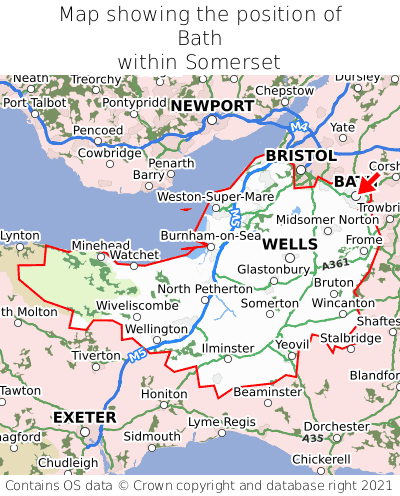 Map showing location of Bath within Somerset