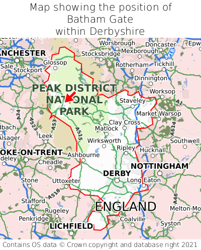 Map showing location of Batham Gate within Derbyshire