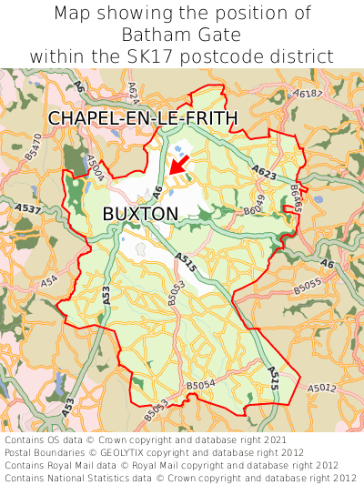 Map showing location of Batham Gate within SK17