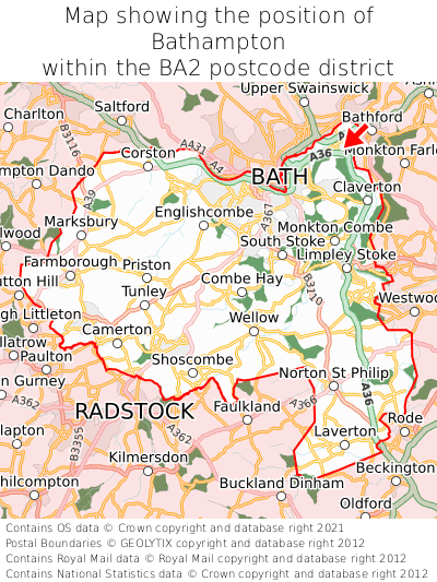 Map showing location of Bathampton within BA2