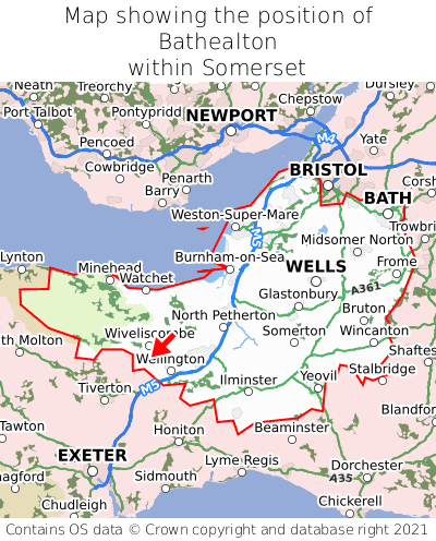 Map showing location of Bathealton within Somerset