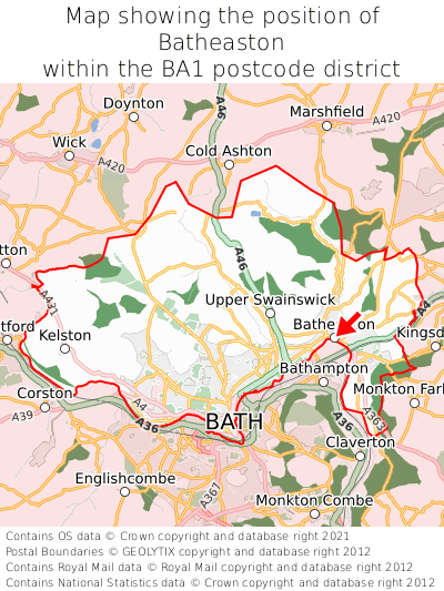 Map showing location of Batheaston within BA1