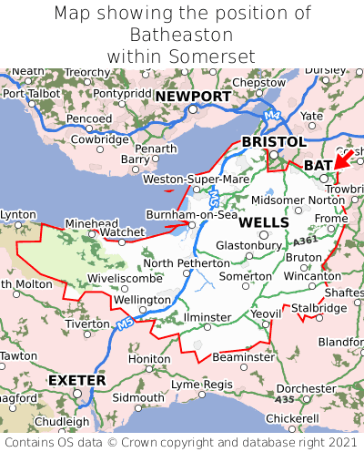 Map showing location of Batheaston within Somerset