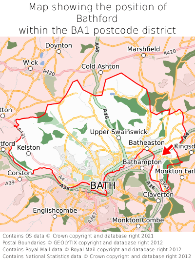 Map showing location of Bathford within BA1