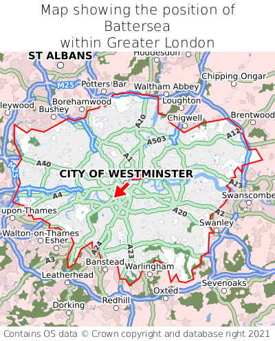 Map showing location of Battersea within Greater London