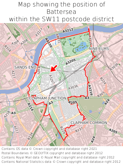 Map showing location of Battersea within SW11