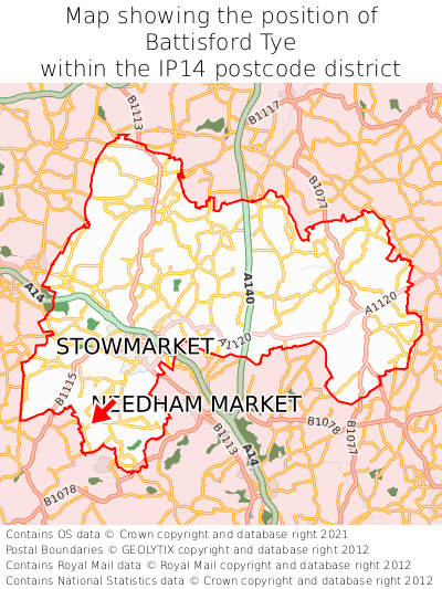 Map showing location of Battisford Tye within IP14