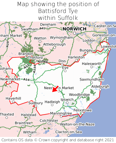 Map showing location of Battisford Tye within Suffolk