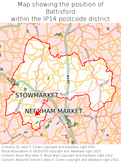 Map showing location of Battisford within IP14