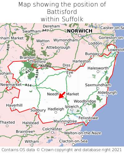Map showing location of Battisford within Suffolk