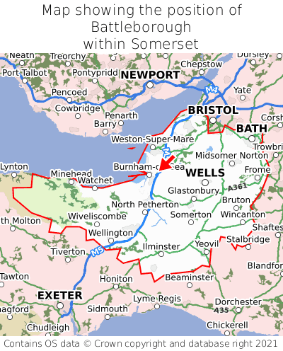 Map showing location of Battleborough within Somerset