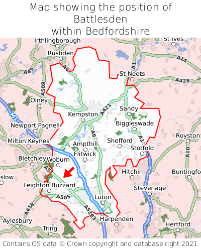 Map showing location of Battlesden within Bedfordshire