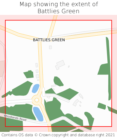 Map showing extent of Battlies Green as bounding box