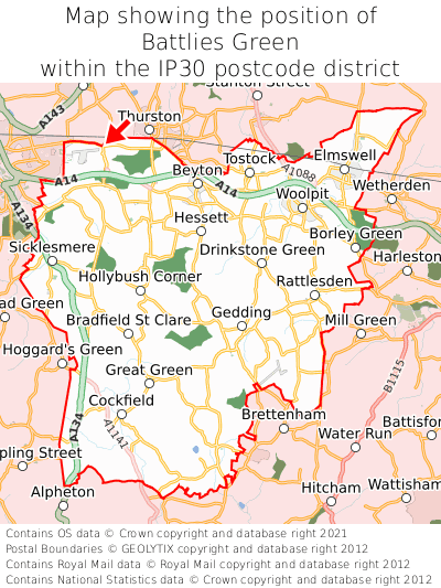 Map showing location of Battlies Green within IP30