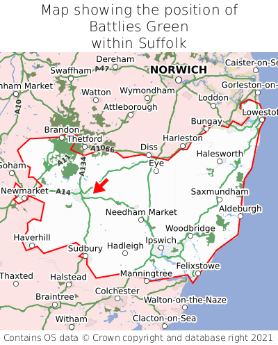 Map showing location of Battlies Green within Suffolk