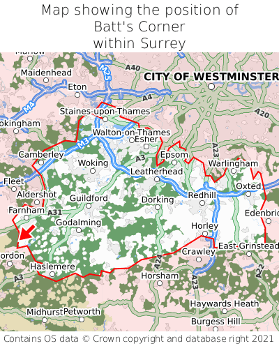 Map showing location of Batt's Corner within Surrey