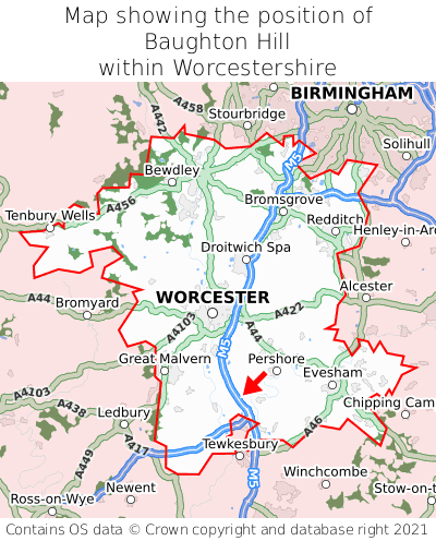 Map showing location of Baughton Hill within Worcestershire