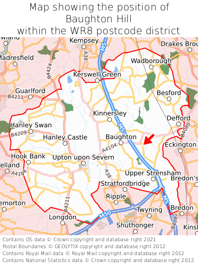 Map showing location of Baughton Hill within WR8