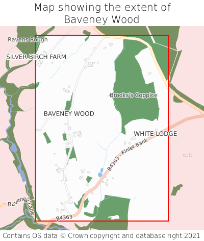 Map showing extent of Baveney Wood as bounding box
