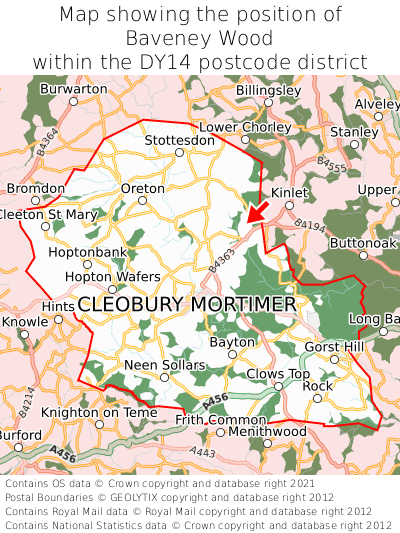 Map showing location of Baveney Wood within DY14