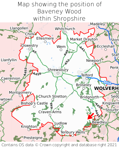 Map showing location of Baveney Wood within Shropshire