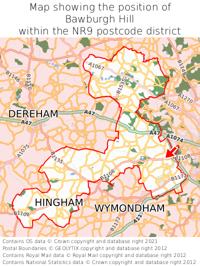 Map showing location of Bawburgh Hill within NR9