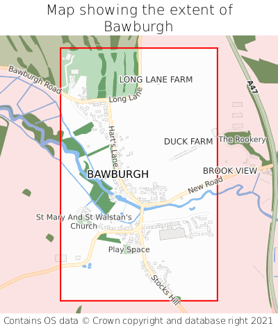 Map showing extent of Bawburgh as bounding box