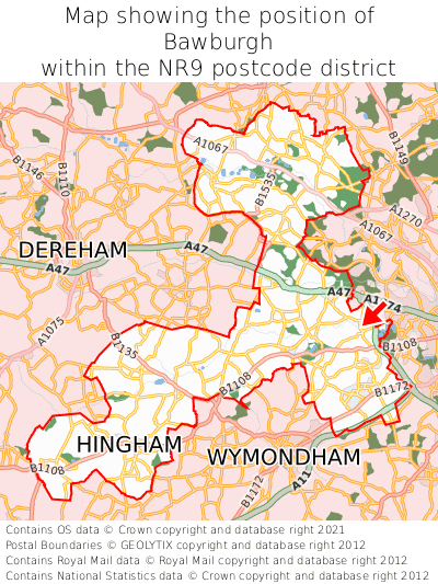 Map showing location of Bawburgh within NR9