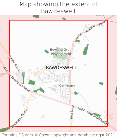 Map showing extent of Bawdeswell as bounding box