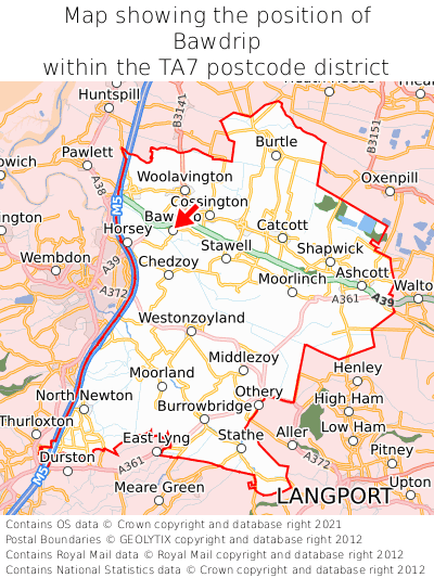 Map showing location of Bawdrip within TA7