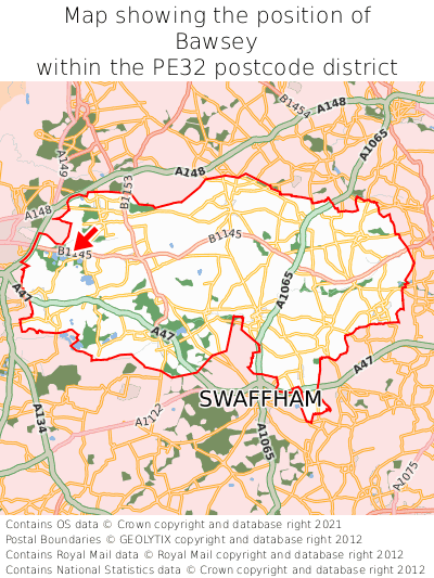 Map showing location of Bawsey within PE32